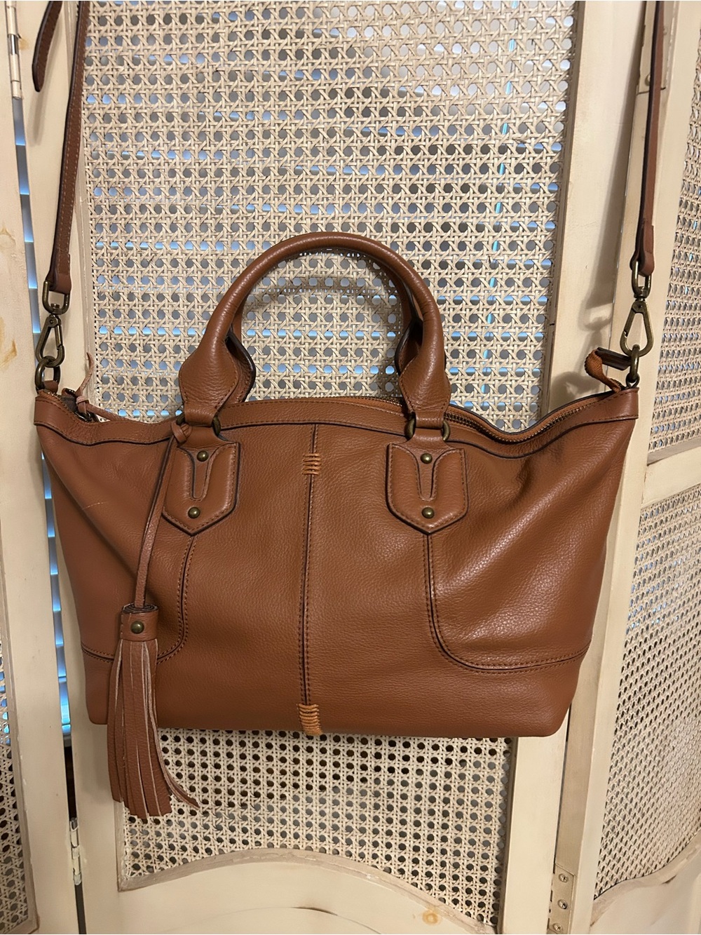 Isabella Fiore Cognac Leather Shoulder Tote with Tassel